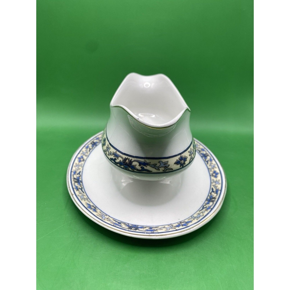 Vtg Alfred Meakin England Gravy Boat W/Underplate Blue Ivory Floral - Picture 3 of 14